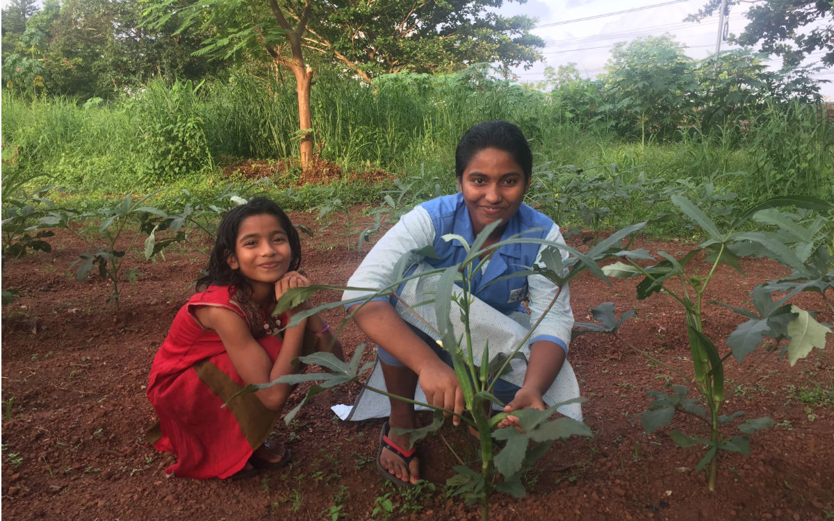 Mädchen beim Okra-Ernten (Foto: EMS/Erstling)